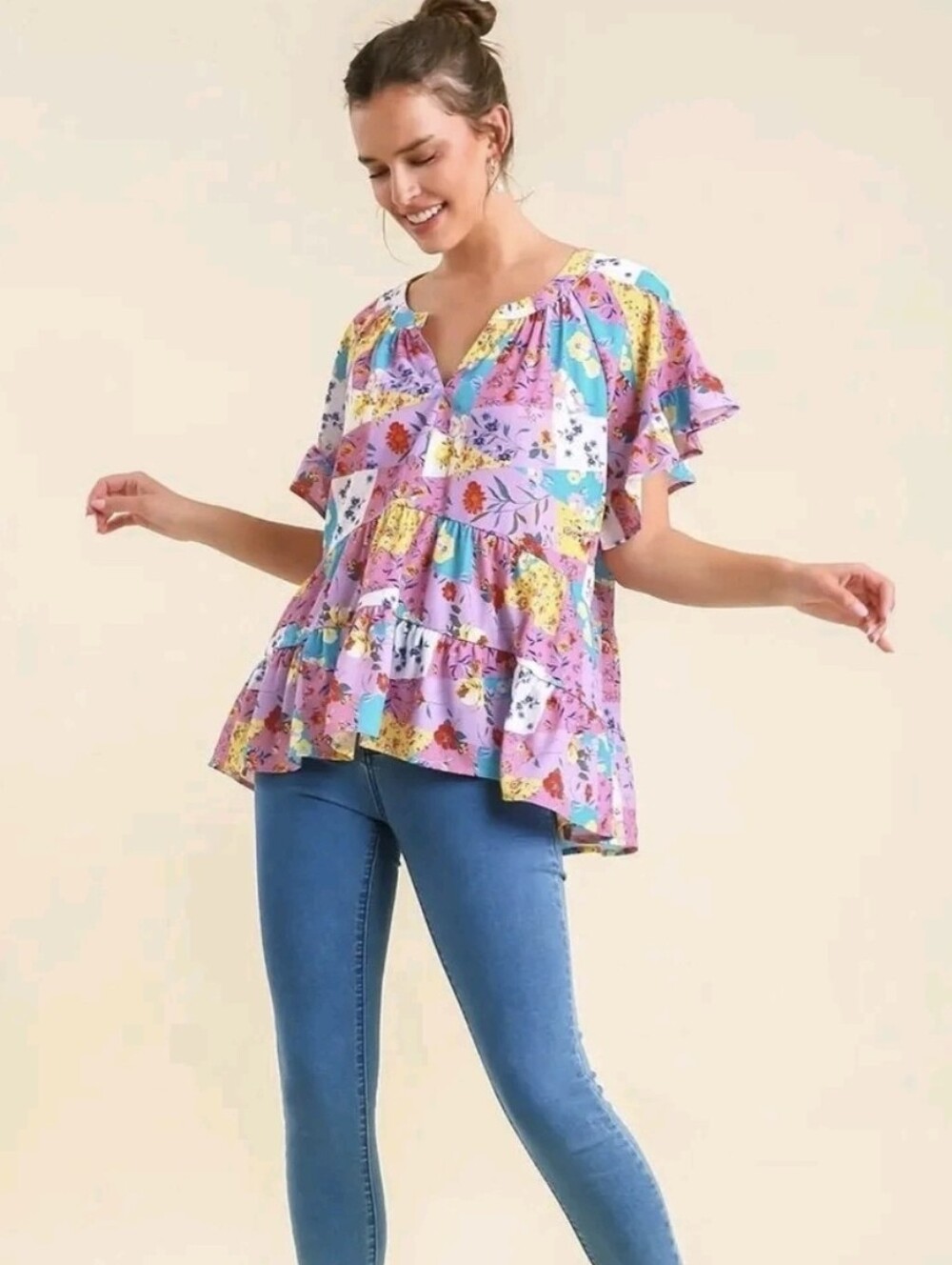 🌸 Umgee Lilac Mix Patchwork Floral Tiered Top – Size Medium – NWT